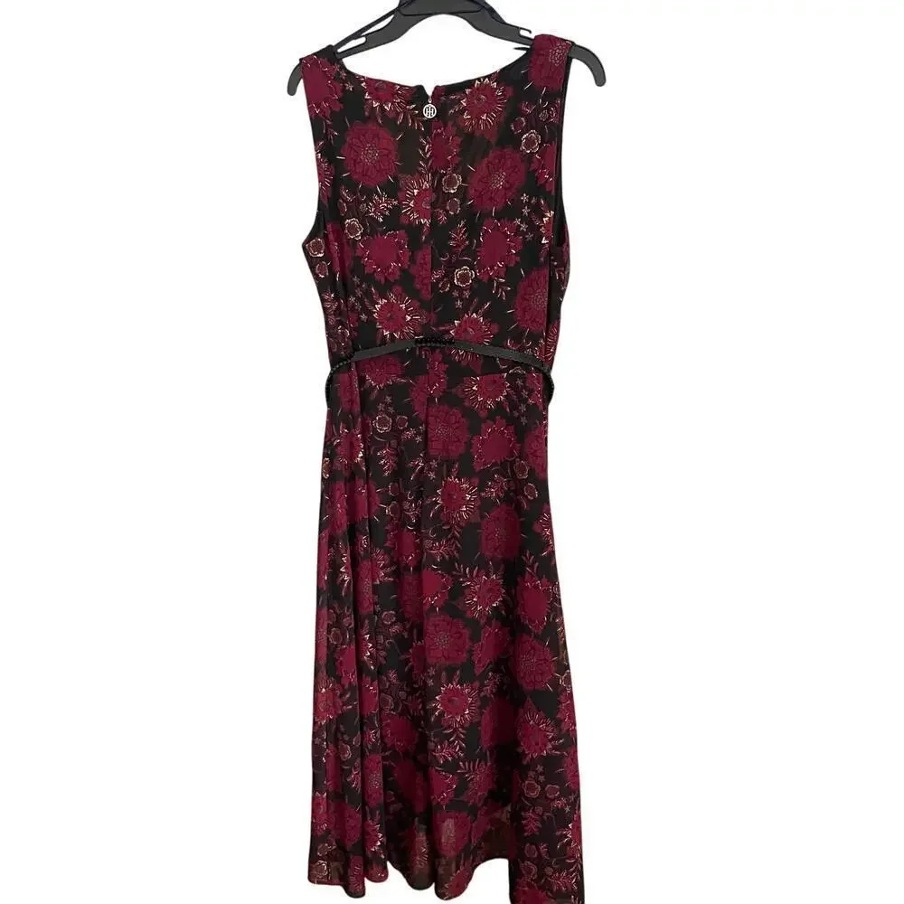 Tommy Hilfiger Women's Burgundy Floral Sleeveless Belted Midi Sheath Dress - Picture 3 of 11